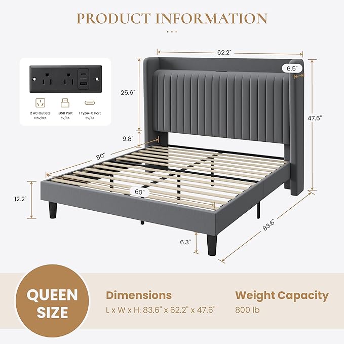 SHA CERLIN Queen Size Velvet Bed Frame with USB Charging Station, Wingback Storage Headboard, Upholstered Platform Bed with Wooden Slats Support, No Box Spring Needed, Easy Assembly, Grey