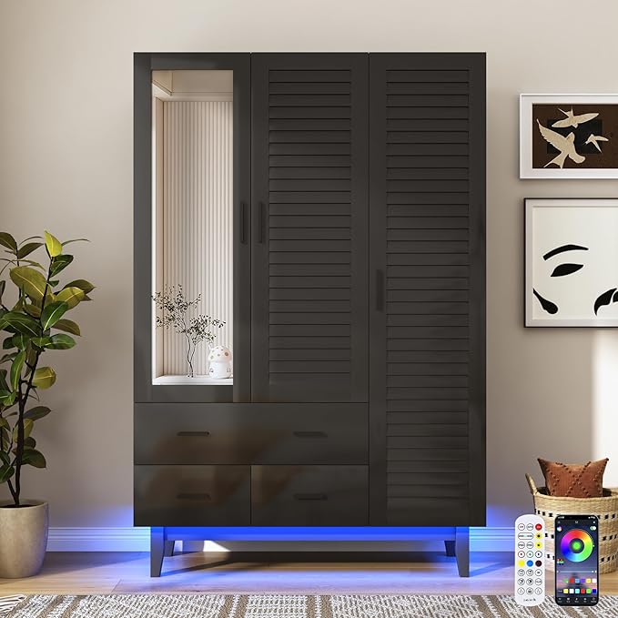 jiteentarou 3 Door Armoire Wardrobe Closet Cabinet with Drawers and LED Lights, Multi-Tier Shelves, Hanging Rod & 3 Louver Doors, Large Capacity Storage Wardrobe Armoire for Bedroom(3 Doors Black)