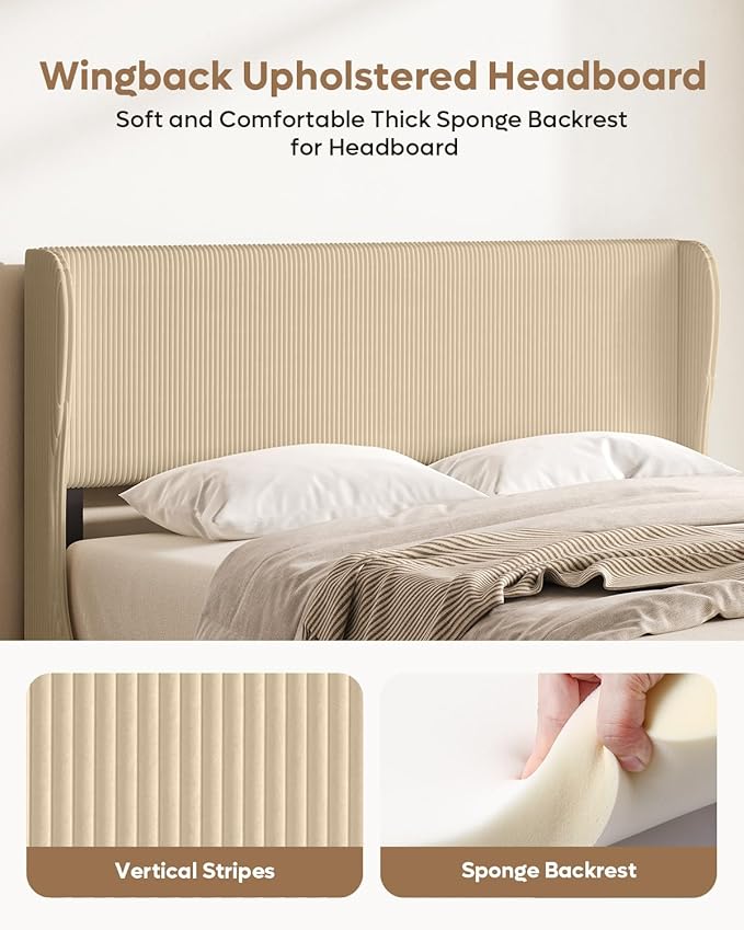 Bestier Queen Bed Frame with Wingback Headboard,Upholstered Platform Queen Size Bed with Strong Wooden Slats,No Box Spring Needed,Never Squeaks,Easy Assembly,Taupe