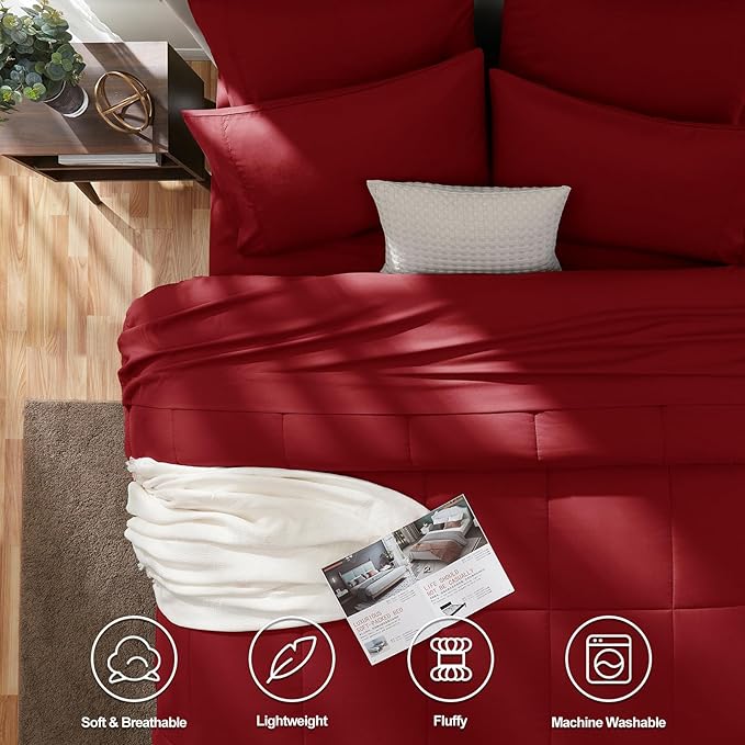 CozyLux Oversized Queen Comforter Sets Dark Red, 7 Pieces Bed in a Bag, Ultra-Soft All Season Bedding Sets with Stitch Quilted Comforter, Flat Sheet, Fitted Sheet, Pillowcases
