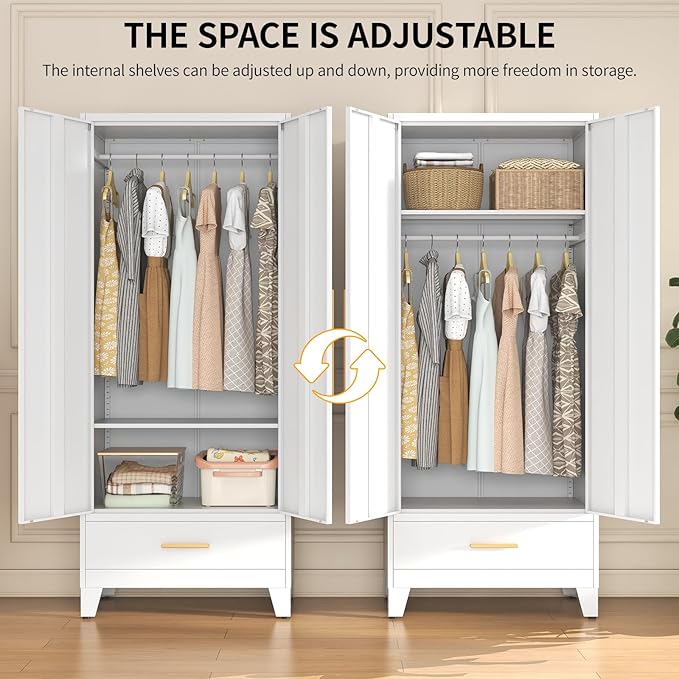 72" Tall Metal Wardrobe Closet - Large Clothing Storage Cabinet with 1 Hanging Rod, 1 Adjustable Shelve, 1 Drawer & Mirror Doors - Closet Organizer for Bedroom, Office, Laundry Room, Garage - White