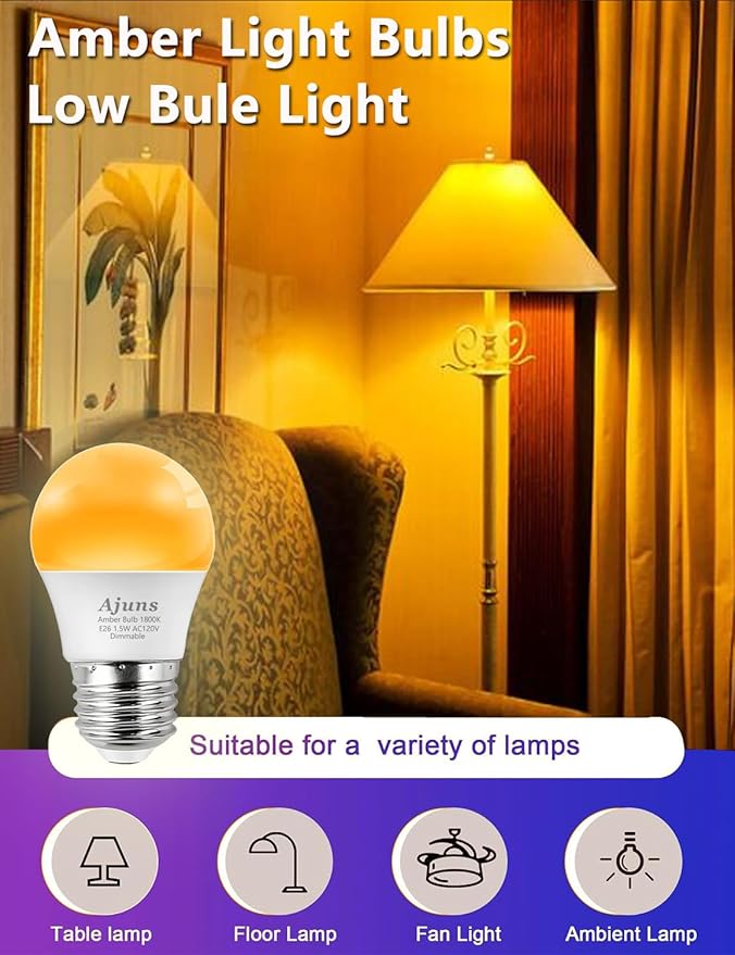 Amber Sleep Light Bulb Dimmable, Blue Light Blocking, A15 E26 1.5W 15 Watt Equivalent Dim Light Bulb, 1800K Warm Bulb for Healthy Sleep, Bedroom, Children's Room,4pack