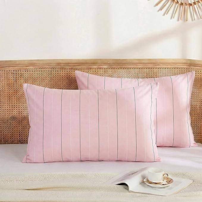 Merryword Pink Striped Pillowcases, 100% Cotton Pillow Cases, Queen Size Pillowcases, Luxury Linen Like Pillowcase, Soft Breathable Pinstripe Pillow Covers, Set of 2
