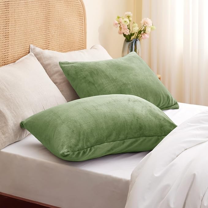 BEDELITE Flannel King Size Pillow Cases Set of 2, Super Soft Fleece Pillowcases with Zipper for Bedroom, Sofa, Couch,Luxury Cozy Fuzzy Velvet Pillow Shams for All Seasons(20x36 Inches,Sage Green)