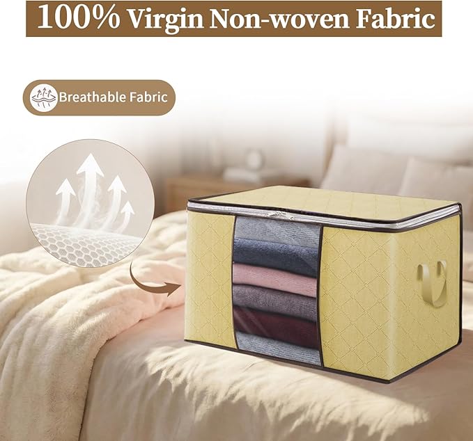 90L Clothes Blanket Storage Bags, 6 Pack Under Bed Storage Bins with Lids, Foldable Closet Organizer with Reinforced Handles for Clothing, Blanket, Comforters, Bed Sheets, Pillows and Toys, Beige