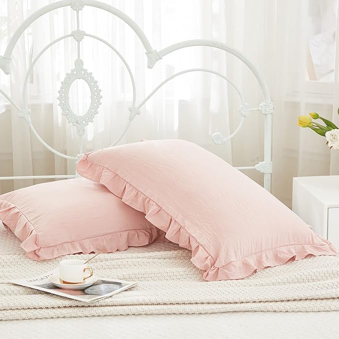 Pink Pillow Shams Baby Pink Ruffle Standard Pillowcases Cute Pillow Cover Set of 2 Shabby Chic Soft Microfiber Pillowcases 2 Pack (Queen (20''x30''), Pink)
