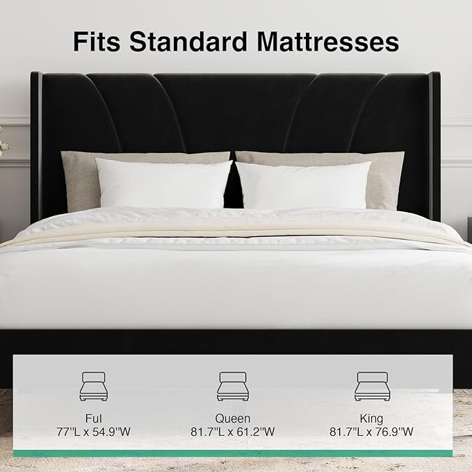 Novilla King Bed Frame, King Bed Frame and Headboard, Velvet Upholstered Wing Side Headboard, No Box Spring Needed, Heavy Duty Feet, Easy Assembly, Black Velvet