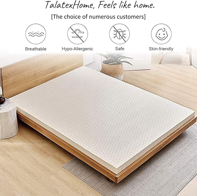 Talatex Natural Latex Mattress Topper, Premium Latex with Organic Mattress Cover, Medium Firmness Help Relief Shoulder & Back Pain (White, Twin XL, 3, Inches)