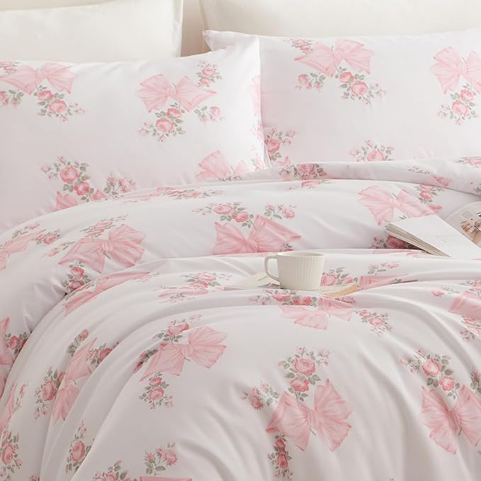 Nayoroom Pink Bow Duvet Cover Queen Size Coquette Pink Floral Duvet Cover 3 Pieces Soft Lightweight Microfiber Girls Cute Aesthetic Dorm Bedding Set