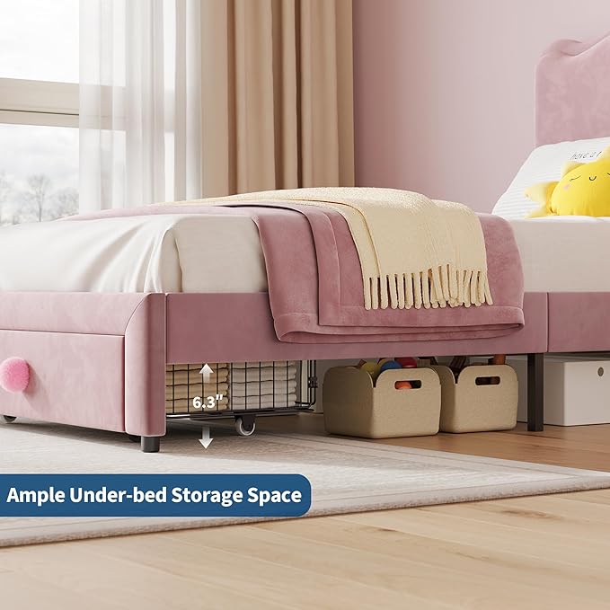 GarveeHome Upholstered Twin Bed Frame with Storage Drawer & Scallop Headboard, Princess Twin Size Platform Bed Frames for Kids Girls, Wooden Slats Support, No Box Spring Needed, Pink