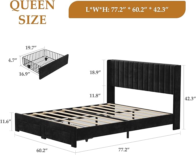Garvee Queen Size Bed Frame, Velvet Upholstered Bed Frame with Wingback Headboard, 2 Storage Drawers, No Box Spring Needed, Black