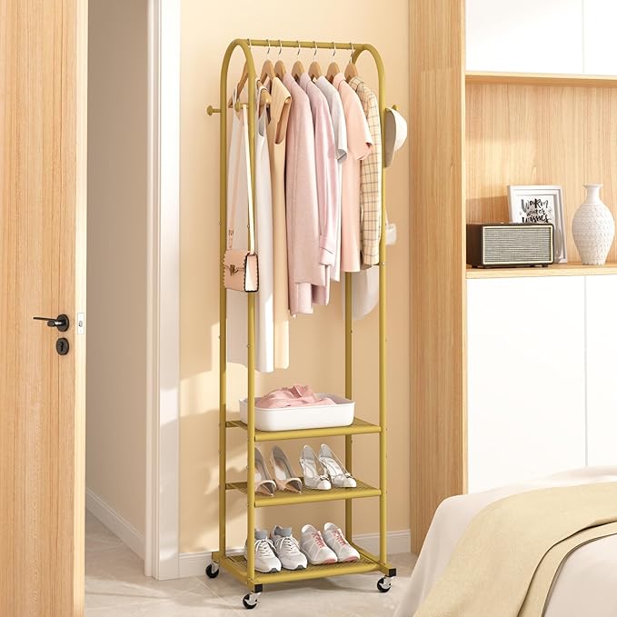 Kaitiemoo Heavy Duty Clothing Rack with Wheels,Modern Garment Rack with 3 Metal Shelves, 71.8Inches Display Rack for Hanging Clothes, Hanging Rod for Small Space,Gold