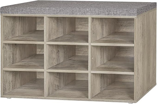 DINZI LVJ Shoe Bench, 9 Cubbies Shoe Organizer for Entryway, Storage Bench with Cushion, Cubby Shoe Rack with Adjustable Shelves for Living Room, Bedroom, Mudroom, Hallway, Gray Wash