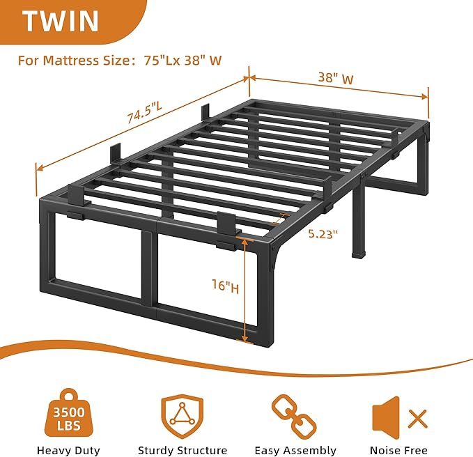 Twin Bed Frames, 16 Inch Metal Platform Bed Frame with Squeak Free U-Slot Design, 6 Non-Slip Guards, 3500lbs Heavy Duty Steel Slat Support, No Box Spring Needed, Under Bed Storage, Black