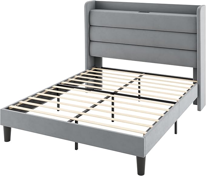 Allewie Queen Size Upholstered Bed Frame with Charging Station & Storage Headboard, Soft Velvet Wingback Platform Bed, Strong Wooden Slats Support, No Box Spring Needed, Easy Assembly, Light Grey