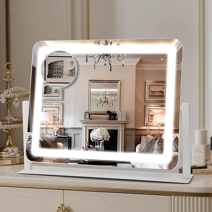 Vanity Mirror with Lights, 16"×12.4" LED Makeup Mirror, Rounded Frame, 10X Magnification, Smart Touch with 3-Color Lighting, Dimmable, 360° Rotation, Lighted Up for Makeup Desk, Bedroom (White)