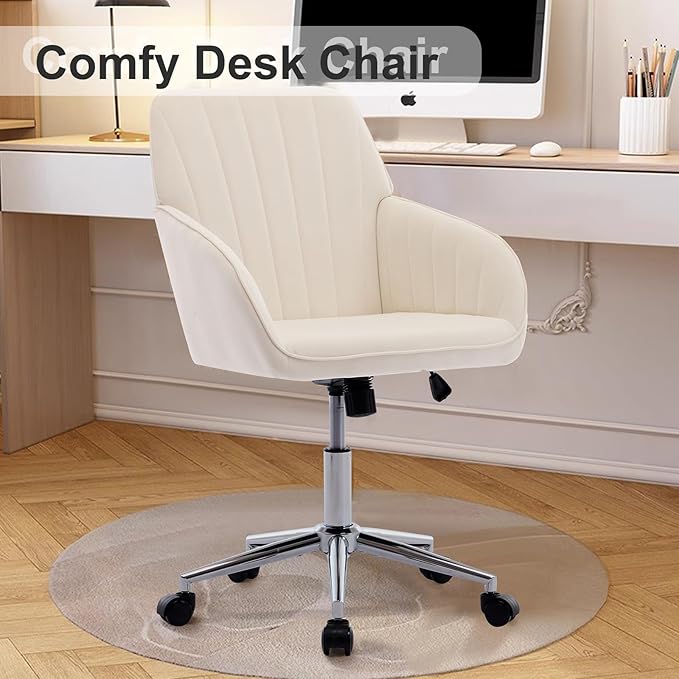 Velvet Vanity Chair with Wheels, Height Adjustable Swivel Makeup Chair, Armless Small Desk Chair for Bedroom/Office/Vanity Table, 250 lbs Capacity (Velvet, White-3)