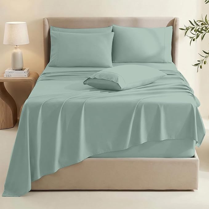 Hearth & Harbor Bed Sheets, Luxury Soft 6 Piece Bed Sheet Set Extra Deep Pocket Fitted Sheets Fits Mattress up to 21", Double Brushed Bedding Sheets & Pillowcases, King, Ice Green
