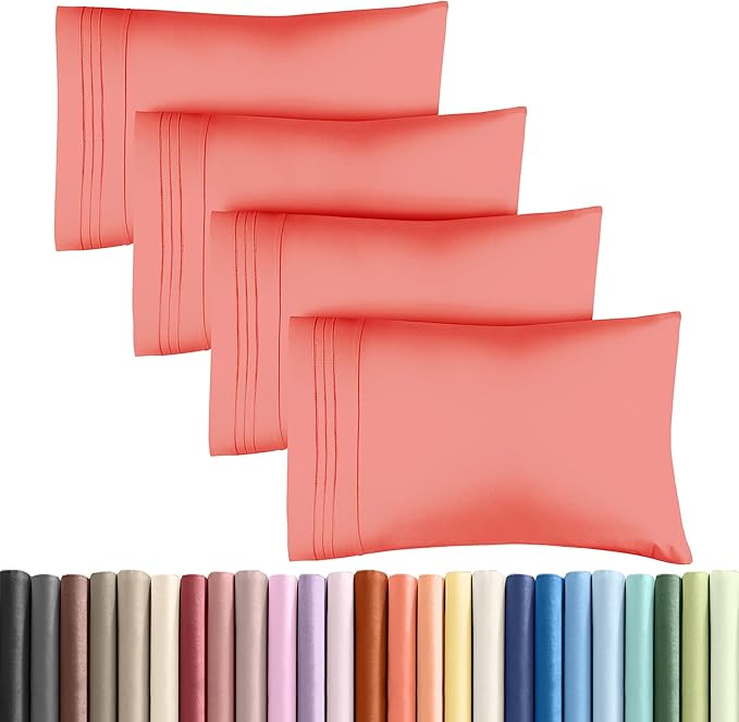 King Pillow Cases Set of 4 - Ultra Soft Hotel Quality Pillowcase Covers - Comfy, Cozy & Wrinkle Free - Shrinkage, Stain and Fade Resistant - Machine Washable Pillow Protectors - 4 Piece Set - Coral