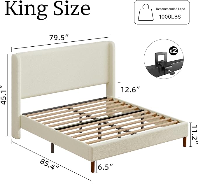 King Boucle Upholstered Platform Bed Frame with Adjustable Wingback Headboard, Cloud Bed with Solid Wood Legs, No Box Spring Needed, Easy Assembly, Beige