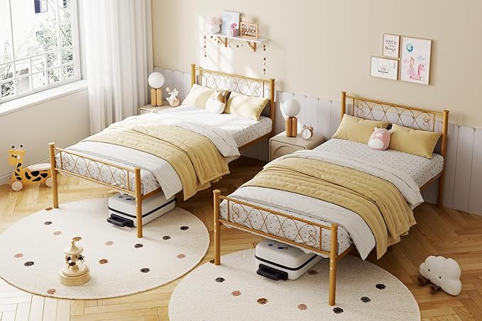 GarveeHome Twin Size Metal Bed Frame with Headboard & Footboard 13.7 Inch Metal Platform Mattress Foundation Support with Strong Metal Slats, Under Bed Storage, No Box Spring Needed