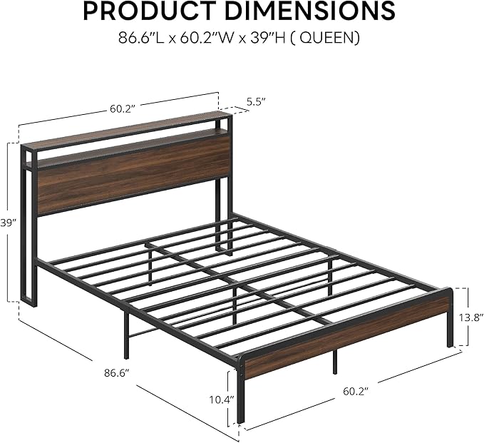 LIKIMIO Queen Bed Frame with Headboard, Dark Wood Camas Queen with Strong Supports, Sturdy, Noise-Free, No Box Spring Needed, Dark Walnut