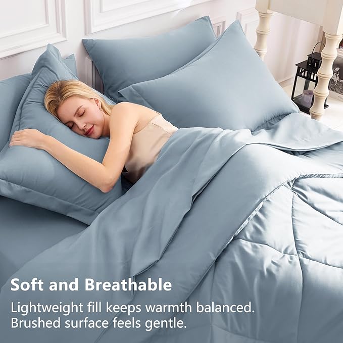 CozyLux Oversized King Comforter Set Dusty Blue, 7 Pieces Bed in a Bag Comforter Set with Sheets, All Season Bedding Set with Down Alternative Comforter, Sheets, Pillowcases & Shams