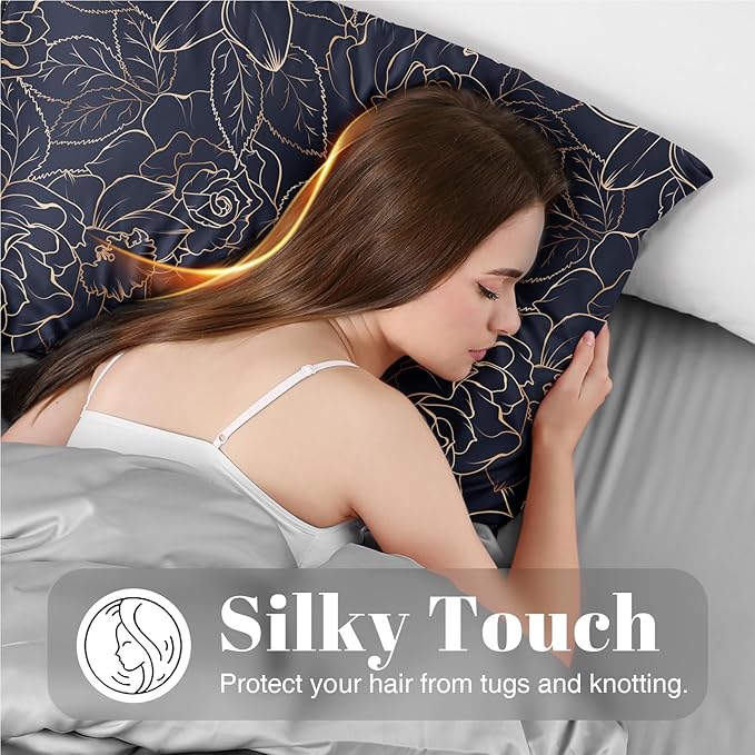 EXQ Home Satin Body Pillowcase for Hair and Skin- Rose on Blue Silk Long Pillowcase 20x54 inches - Satin Pillow Cases with Envelope Closure, Gifts for Women
