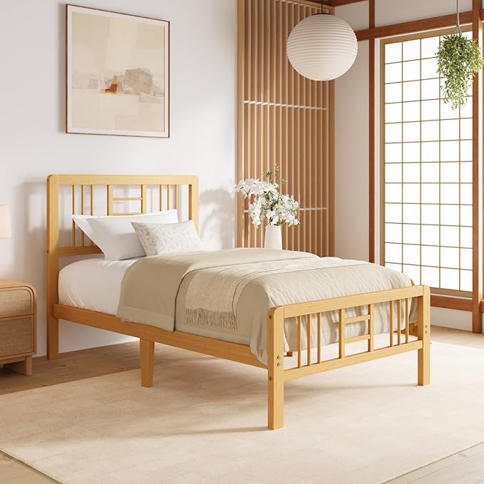 Hunlostten 10 in High Bamboo Wood Twin Bed Frame with Headboard & Footboard, Platform Bed Frame Twin Size with Steel Slats Support, Heavy Duty, No Box Spring Needed, Easy Assembly