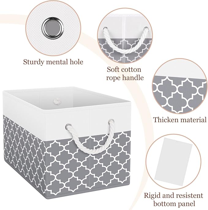 Fab totes Storage Bins 3-Pack, Foldable Storage Baskets for Organizing Toys, Books, Shelves, Closet, Large Storage Box with Rope Handles, Sturdy Organizer Bins,Clover Grey