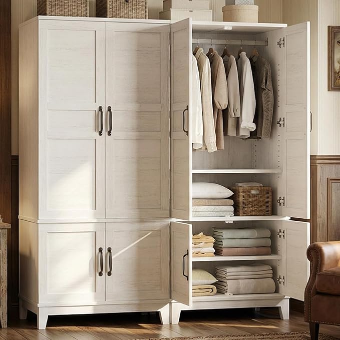 IDEALHOUSE Armoire Wardrobe Closet with 4 Doors, 72" Tall Wooden Clothing Wardrobe with Hanging Rod & DIY Adjustable Shelf, Heavy Duty Bedroom Armoire Storage Cabinet, Rustic White