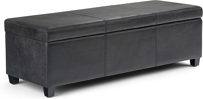 SIMPLIHOME Avalon Storage Ottoman Bench - 48" Wide x 16" High Upholstered Vegan Leather Rectangular Lift-Top Ottoman in Distressed Black, Contemporary Bench for Living Room with High-Density Foam