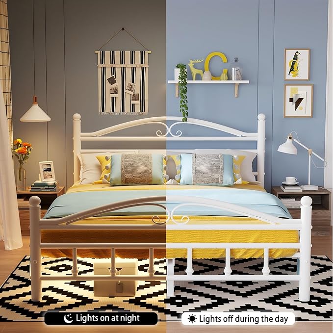 12 Inch Full Size Bed Frame with Charging Station,White Metal Platform Bed Frame with LED Lights,Heavy Duty Metal Steel Slats Support,No Box Spring Needed,Noise Free,Easy to Assemble
