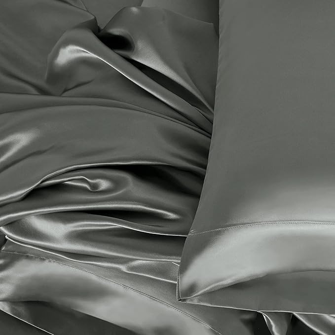 Homiest 3pcs Satin Sheets Set Luxury Silky Satin Bedding Set with Deep Pocket, 1 Fitted Sheet + 1 Flat Sheet + 1 Pillowcase (Twin Size, Dark Grey)