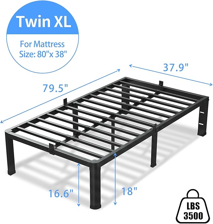 VIPSHOW 18 Inch Twin XL Bed Frame, 3500Lbs Heavy Duty Metal Platform with Round Corner Legs Mattress Slide Stopper, Steel Slat Support No Box Spring Needed, Noise Free, Non-Slip, Easy Assembly
