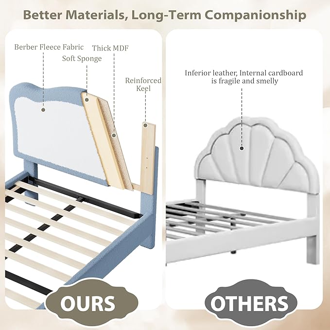 GarveeHome Full Bed Frames for Kids with Soft headboard, Velvet Low Bed Frame for Girls, Boys, No Box Spring Needed, Wooden Slats, Noise Free, Sturdy, Easy Assembly, Blue White