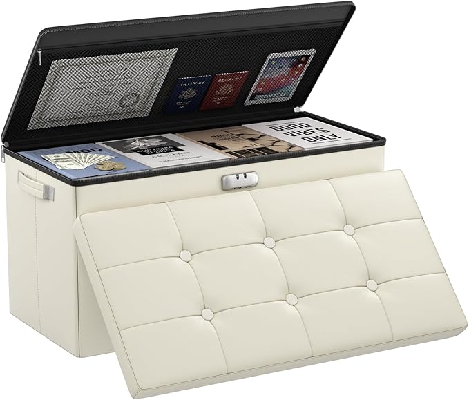DocSafe Storage Ottoman Bench with Lock,Fireproof 30 Inches Folding Bench Foot Rest Stool Storage Chest Safe for Living Room,Bedroom,Home Office,Waterproof Leather Ottoman with Handles,Beige