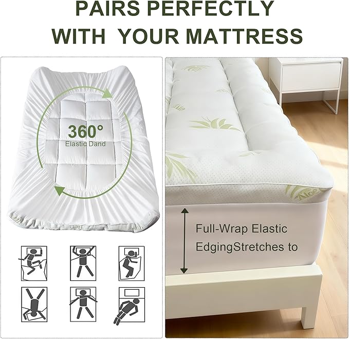 2~3In Mattress Topper King Size Aloe Viscose Derived from Bamboo Pillow Top - Extra Thick Padded Mattress Pad Protector, Breathable Deep Pocket 8-21, 1100GMS