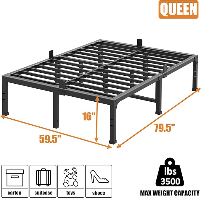 FUIOBYVV Queen Bed Frames, 16 Inch Heavy Duty Metal Platform Bed Frame Queen Size Support Up to 3500 lbs, No Box Spring Needed, Headboard Compatible,Steel Slat Support, Noise Free, Easy Assembly