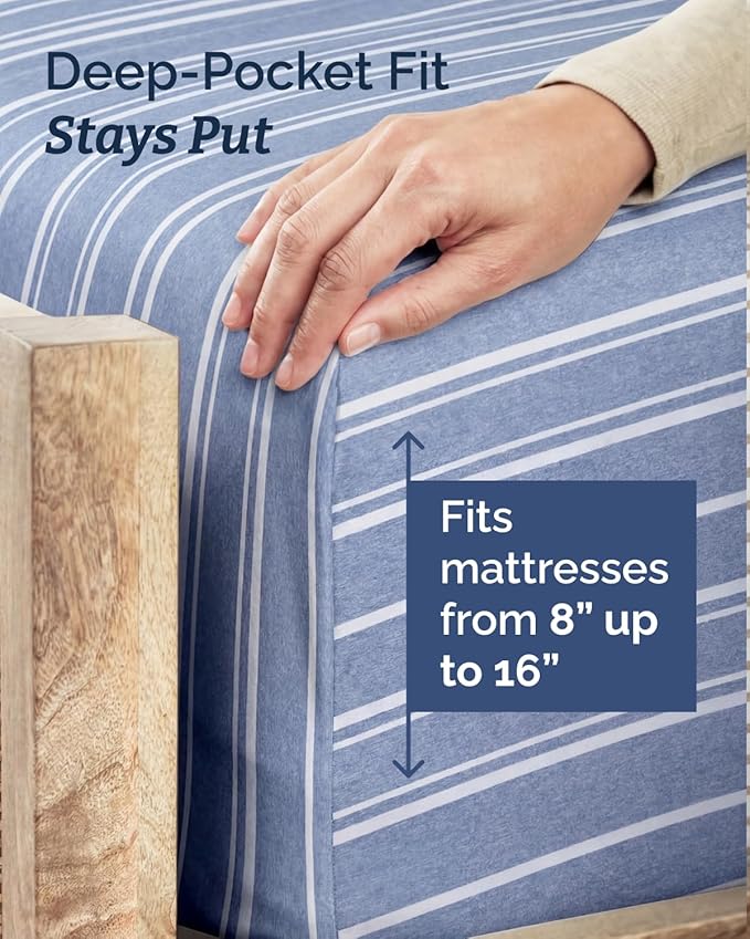 Twin XL 4 Piece Sheet Set - Comfy, Breathable & Cooling - Soft Hotel Luxury Bedding for Women, Men, Kids, Teens & Children - 1 Flat & 1 Fitted Sheet & 2 Pillowcases w/ Deep Pockets - Blue Stripes 3