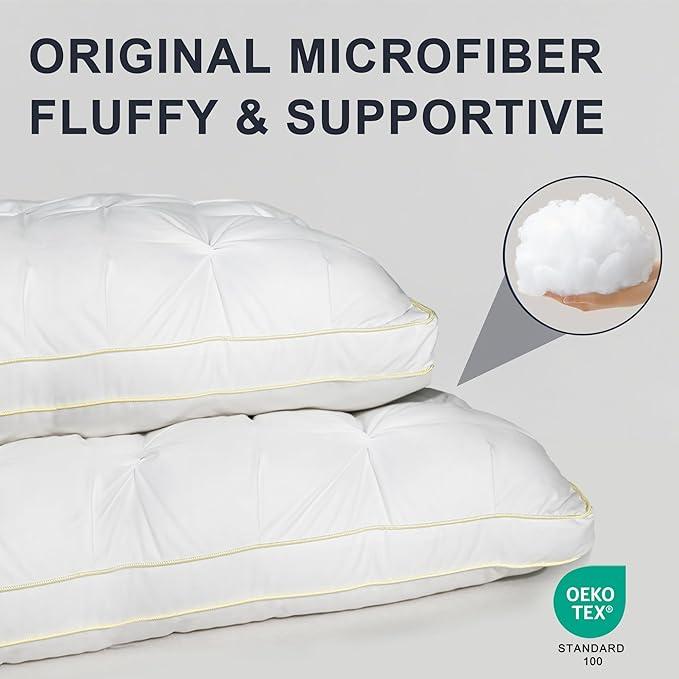 Support Bed Pillow Queen Size Set of 2 – Super Soft Down-Alternative Filling with Cotton Cover, Hotel Quality for Side Sleepers, Breathable & Oeko-TEX Certified