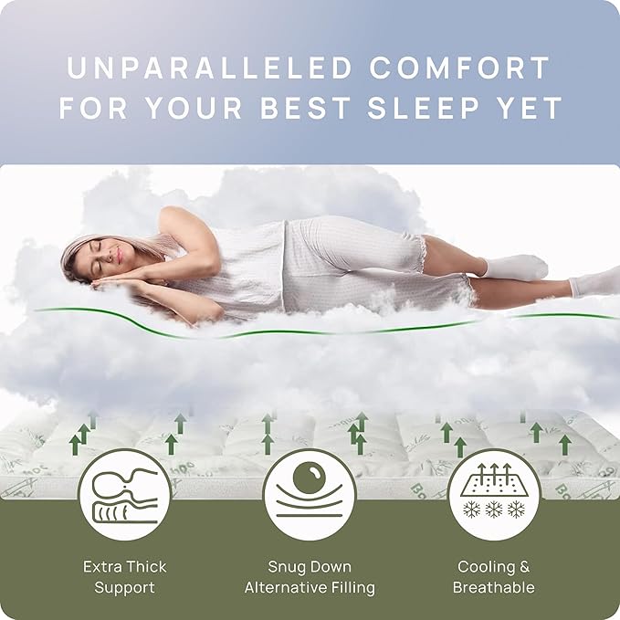 Cooling Mattress Topper - Full Size | Plush Pad Mattress Topper for Back Pain Relief, 8-21" Deep Pocket | Viscose Made from Bamboo Pillow Top | Bedroom Essentials