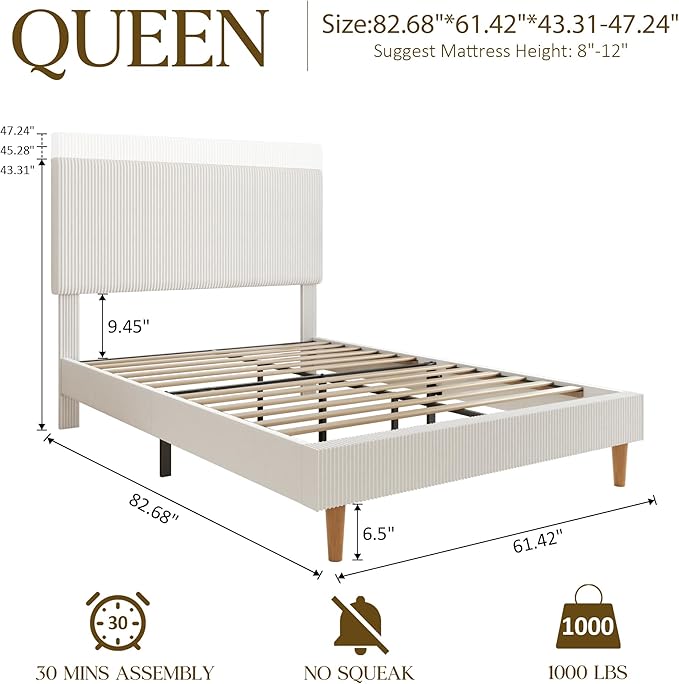 Queen Size Bed Frame, Upholstered Platform Bed with Adjustable Headboard, Vertical Fluted Tufted, Soft Corduroy Fabric, Strong Wooden Slats Support, No Box Spring Needed, Easy Assembly, White
