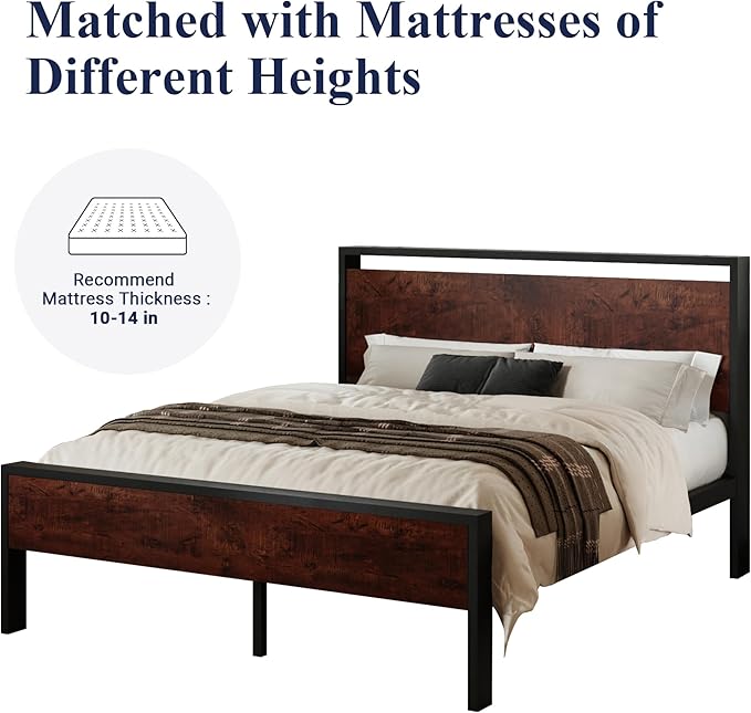 Allewie Full Size Platform Bed Frame with Wooden Headboard and Footboard, Heavy Duty 12 Metal Slats Support, No Box Spring Needed, Under-Bed Storage, Noise Free, Easy Assembly, Mahogany