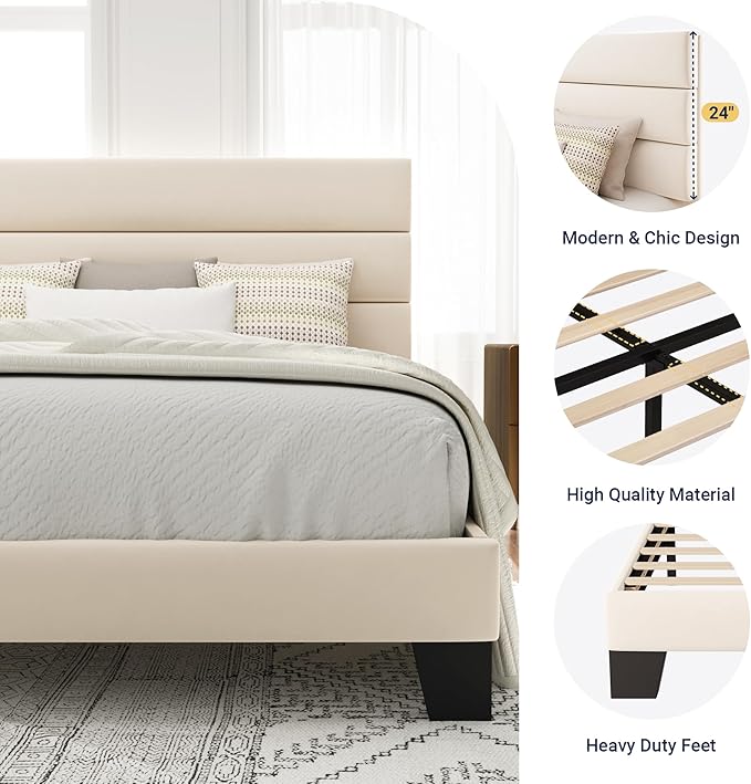 Allewie Queen Size Platform Bed Frame with Velvet Upholstered Headboard and Wooden Slats Support, Fully Upholstered Mattress Foundation/No Box Spring Needed/Easy Assembly, Cream