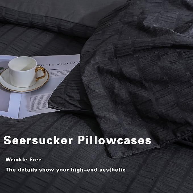 AveLom Seersucker Duvet Cover Set Queen Size (90 x 90 inches), 3 Pieces (1 Duvet Cover + 2 Pillow Cases), Black Ultra Soft Washed Microfiber, Textured Duvet Cover with Zipper Closure, Corner Ties