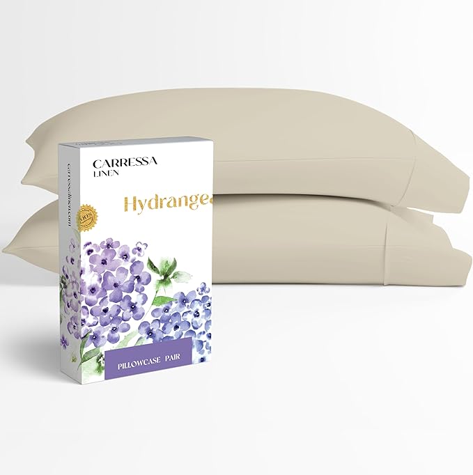 Carressa Linen 100% Egyptian Cotton King Size Pillow Cases Set of 2 - Luxury 600 Series Hydrangeas Collection King Pillowcases (Sand), Soft Cooling, Sateen Weave Hotel Quality Bed Pillow Cover