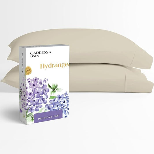 Carressa Linen 100% Egyptian Cotton Pillow Cases Queen Size Set of 2 - Luxury 600 Series Hydrangeas Collection Queen Size Pillowcases (Sand), Cooling Sateen Weave Hotel Quality Bed Pillow Cover