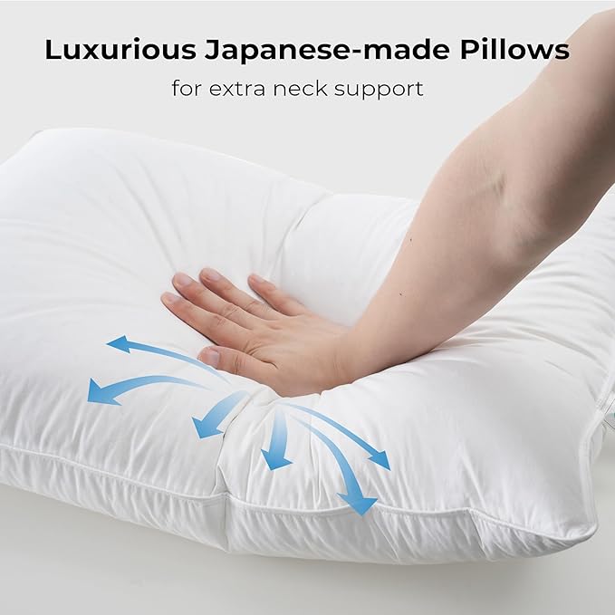 UNIKOME White Goose Down Feather Pillows - 100% Cotton Cover - Standard Size Pillow Set of 2, Made in Japan Pillow for Sleeping