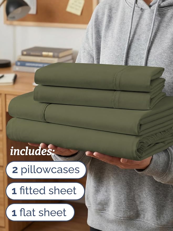 Twin XL 4 Piece Sheet Set - Comfy, Breathable & Cooling - Soft Hotel Luxury Bedding for Women, Men, Kids, Teens and Children - 1 Flat & 1 Fitted Sheet & 2 Pillowcases with Deep Pockets - Sage Green